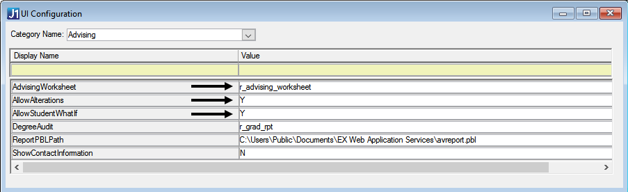 UI Configuration window in J1 Desktop showing Display Names and Values in the Advising Category for Advising Worksheet, Allow Alterations, and Allow Student What If