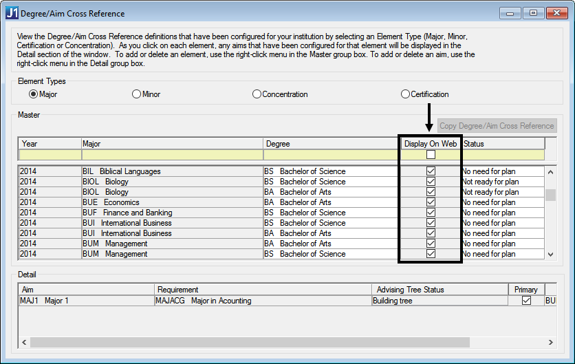 Degree / Aim Cross Reference window in J1 Desktop showing the Display on Web checkbox column to display degree combinations on the Campus Portal