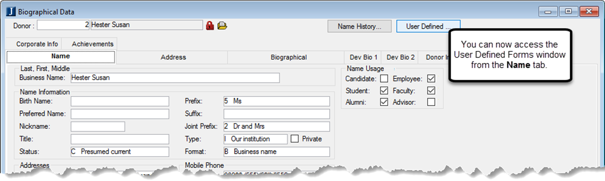 Biographical Data window, User Defined tab.