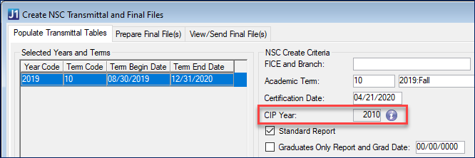 Create NSC Transmittal and Final Files window, CIP Year field highlighted.